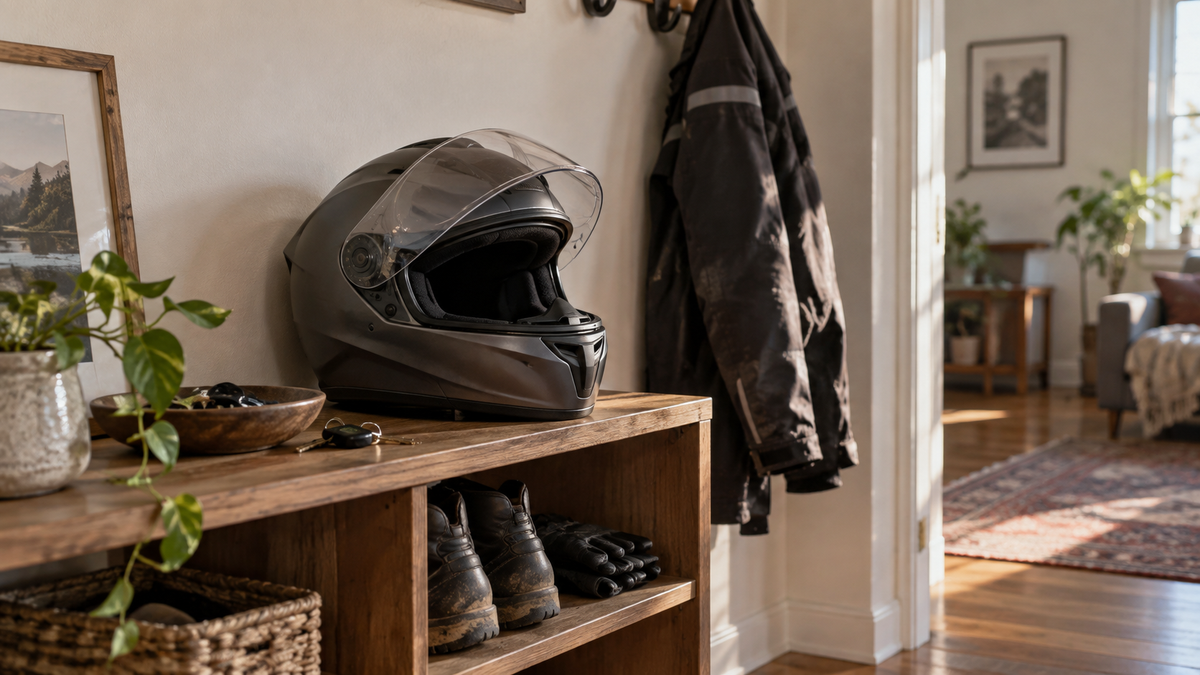 Illustrative unbranded motorcycle helmet airing after a ride