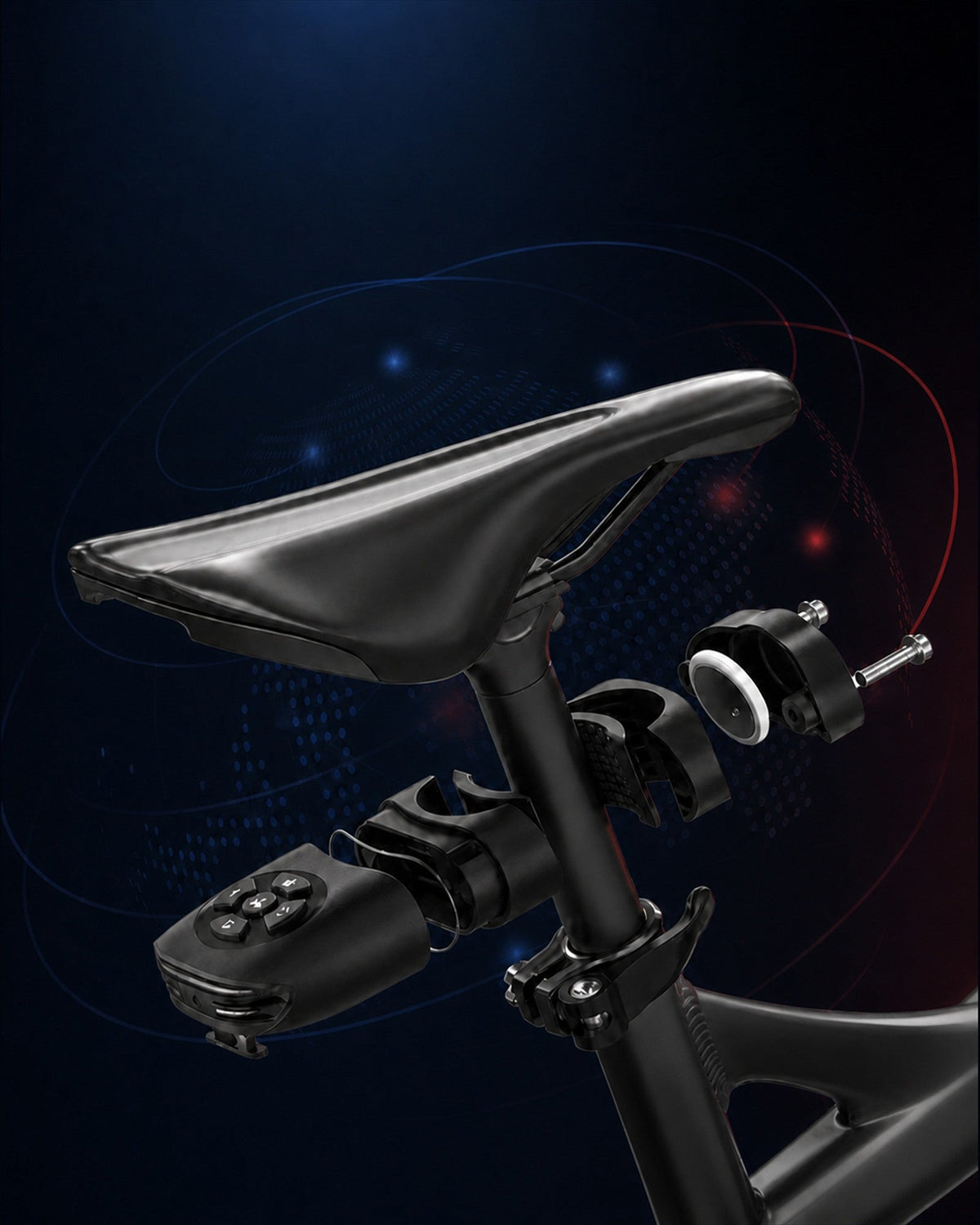 Find My-ready alarm bike tail light mounted beneath a bicycle saddle in a dark product scene