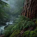 Cedar branch in a damp forest representing the After Rain Cedar scent option