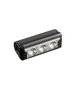Black multi-LED USB-C rechargeable bike front light with lens row shown on white