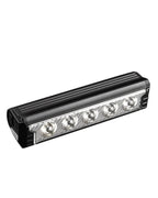 Angled multi-LED USB-C rechargeable bike front light isolated on a white background