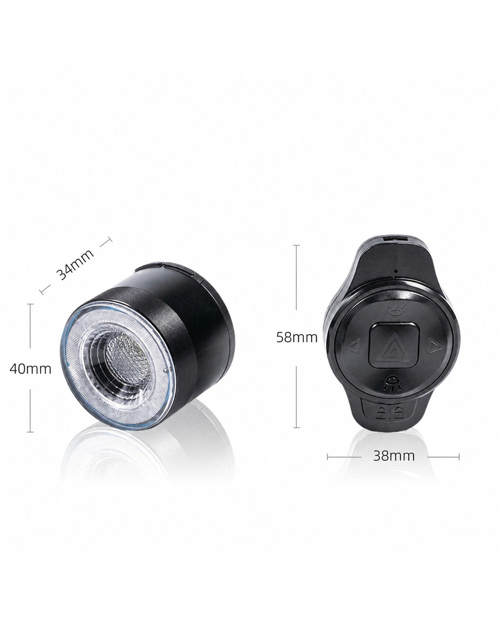 Round bike light dimension diagram showing the housing and lens from two angles