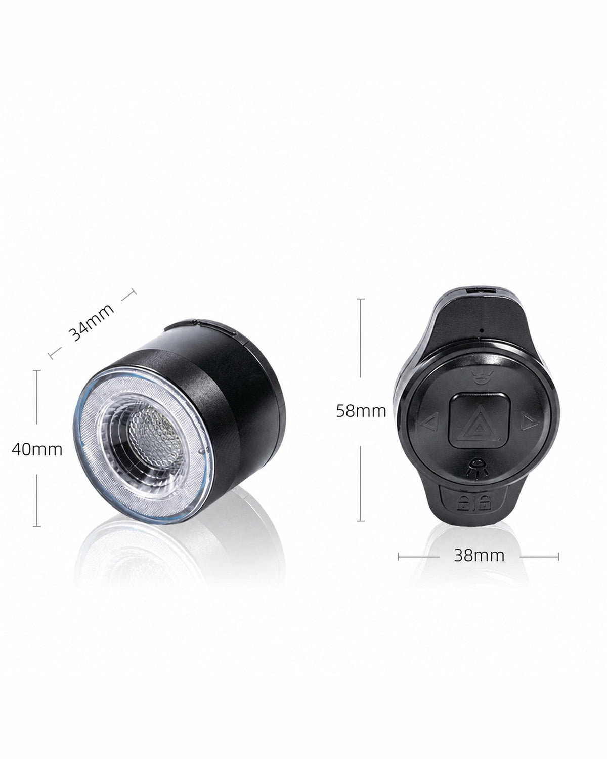 Round bike light dimension diagram showing the housing and lens from two angles