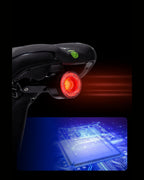 Saddle-mounted bike light shown with a red rear glow and internal component graphic