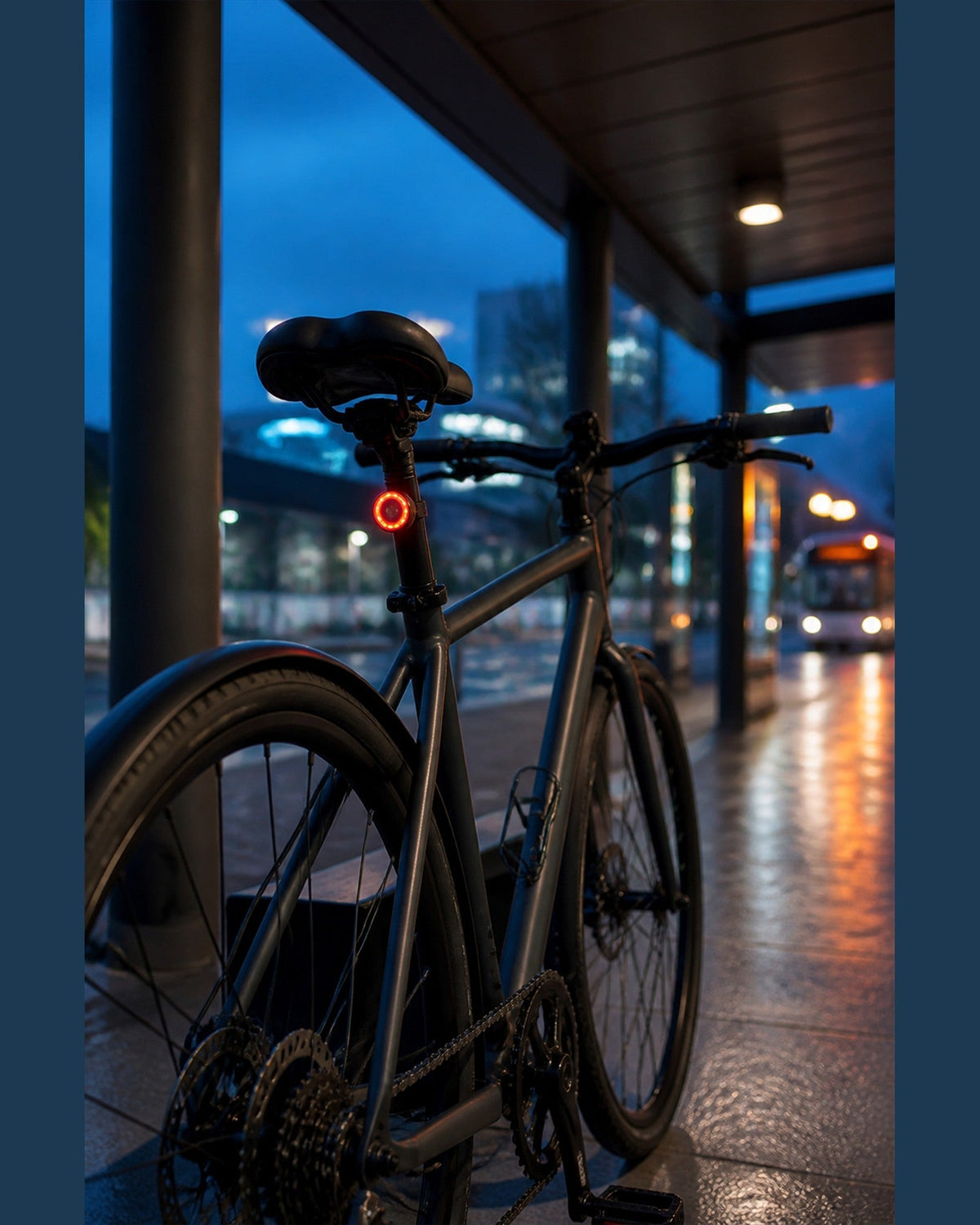 Bicycle parked outside at night with a red rear halo light beneath the saddle