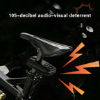 Find My-ready bike tail light mounted under a saddle with audio-visual alarm graphics
