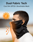 Rider wearing a black ear-slot gaiter in a dual-fabric construction infographic