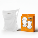 White OPlace ear-slot motorcycle neck gaiter beside orange retail packaging