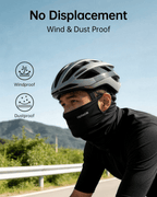 Cyclist wearing a black ear-slot gaiter outdoors in wind and dust infographic